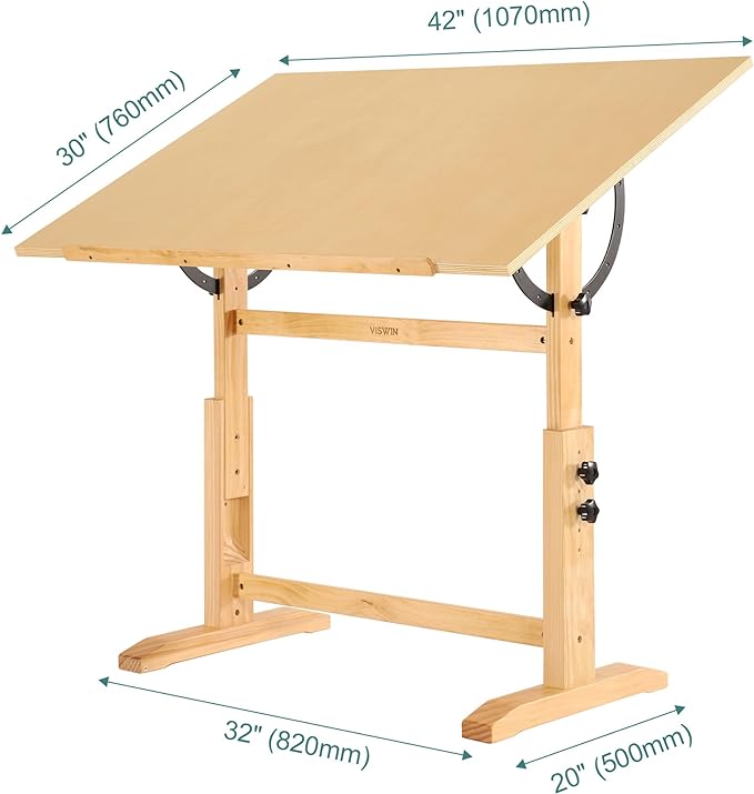 VISWIN Wood Drafting Table for Adults, 30" X 42" Extra-Large Drawing Table with Adjustable Height & Angle for Art Studio, Solid Pine Wood Artist Desk for Drawing, Drafting, Writing, Reading