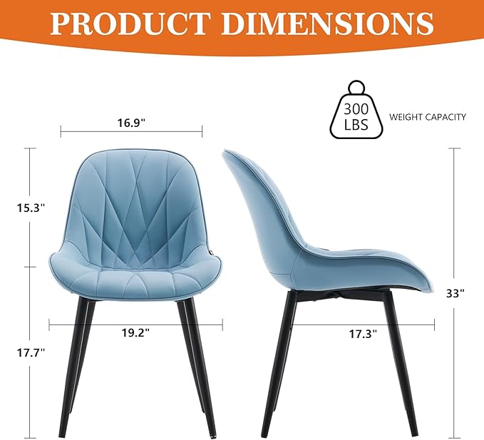 Rowill Dining Chairs Set of 2 Modern Kitchen Chairs with Soft Backrest, Sturdy Metal Legs & Non-Slip Pads, Suitable for Home Kitchen, Faux Leather Upholstered Seats for Dining Room, Blue