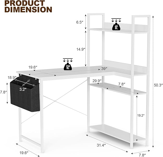 47 Inch L Shaped Computer Desk with Reversible Storage Shelves, Home Office Corner Desk Study Writing Table with Hutch, Study, White