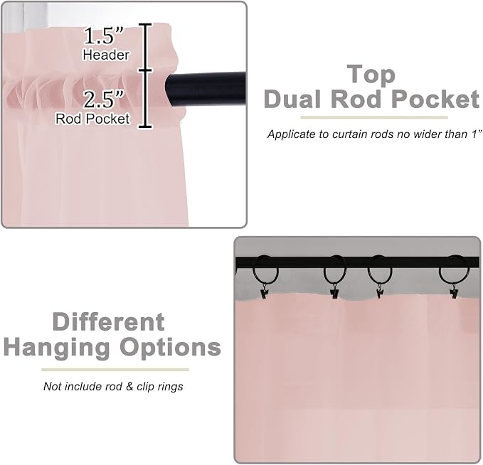 Blush Sheer Curtains for Bedroom Living Room 96 Inches Long 2 Panels, Modern - Image 4