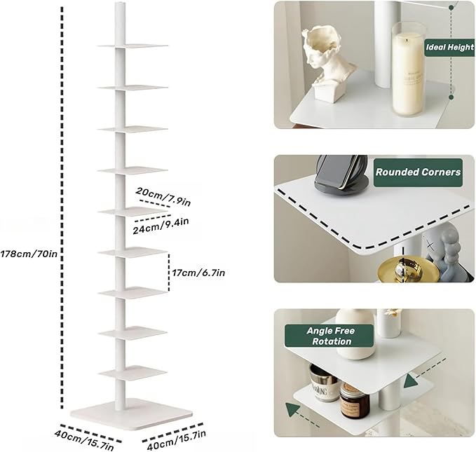 9-Tier Spine Bookshelf Metal Bookcase 5 Colors Vertical Bookshelf Tower Rotating Tall Narrow Bookshelf Ladder Book Rack Indoor (White)