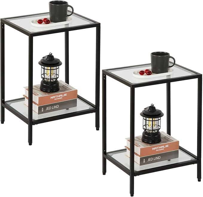 Modern 2-Tier Tempered Glass End Table - Stylish Black Metal Side Table for Small Spaces, Perfect for Living Room & Bedroom (Black, 2PCS)