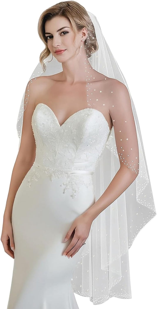 1 Tier Pearl Wedding Bridal Veil With Metal Comb Headband Decorations, Bride To Be Gift, Wedding