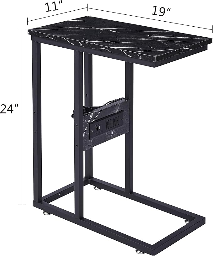 VECELO C Shaped End Side Table with Charging Station & Power Outlets for Couch Sofa/Bed, Snack TV Tray with Metal Frame for Living Room Bedroom 2 Set, Black Marble