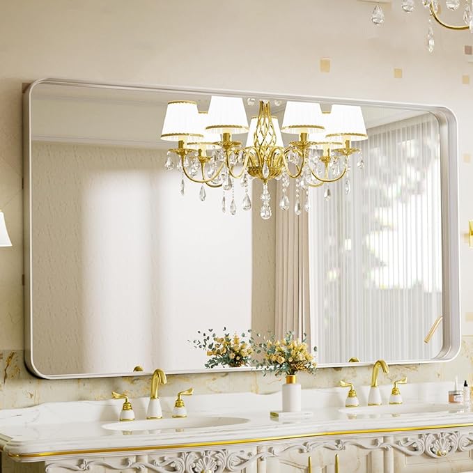 Bathroom Mirror 30x48 inch, Silver Gorgeous Deep Frame Wall Mirror, Modern Round Corner Bathroom Vanity Mirror for Bedroom, Living Room, Hanging or Leaning Horizontal or Vertical, Silver