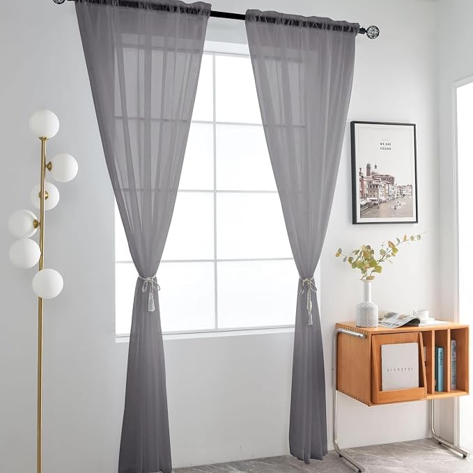 SpaceDresser Grey Sheer Curtains 4 Panels Rod Pocket Semi-Sheer Curtain 90 - Image 3
