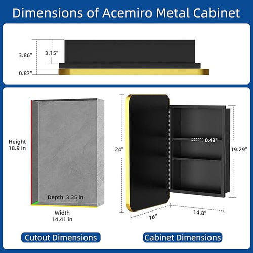 16x24 Inch Mirror Medicine Cabinet for Bathroom Gold Metal Frame Bathroom Medicine Cabinet with Mirror Recessed or Wall Mounted