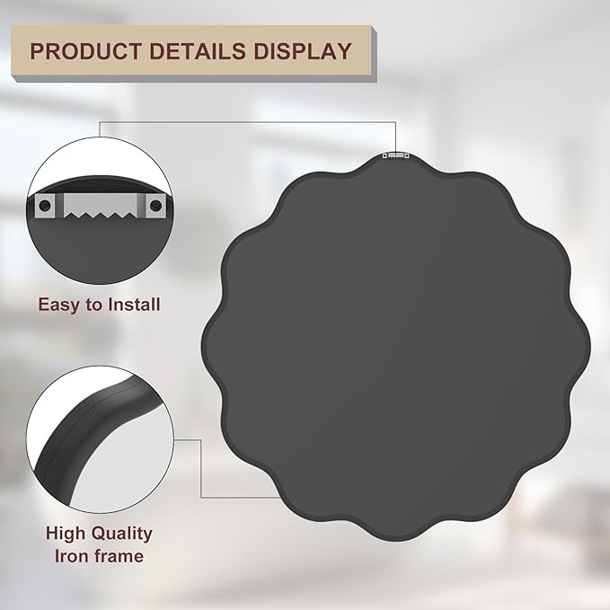 PROHOMEWARE Black Round Mirror 32 Inch Wavy Bathroom Vanity Mirror Black Frame Modern Wall Mirror Decorative Wall-Mounte Anti-Rust, Tempered Glass