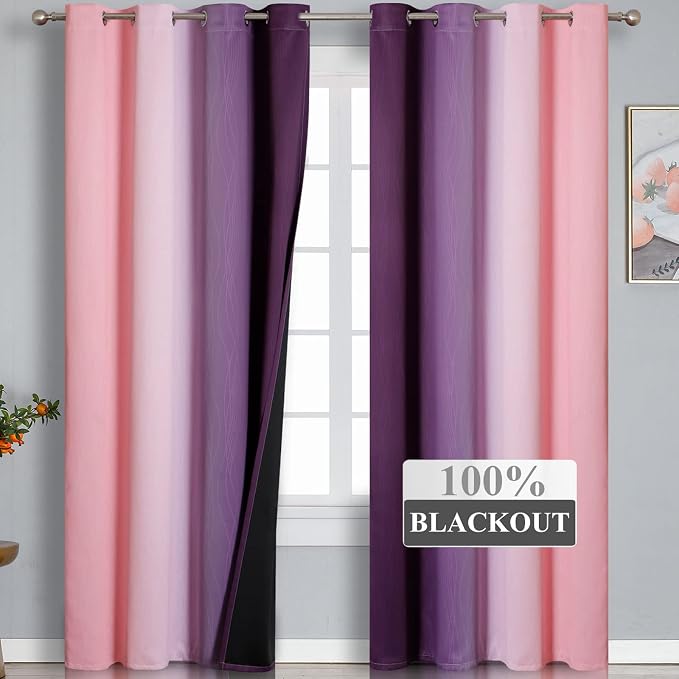Ombre Pink and Purple Blackout Curtains 96 Inches Long, Full Room Darkening - Image 2