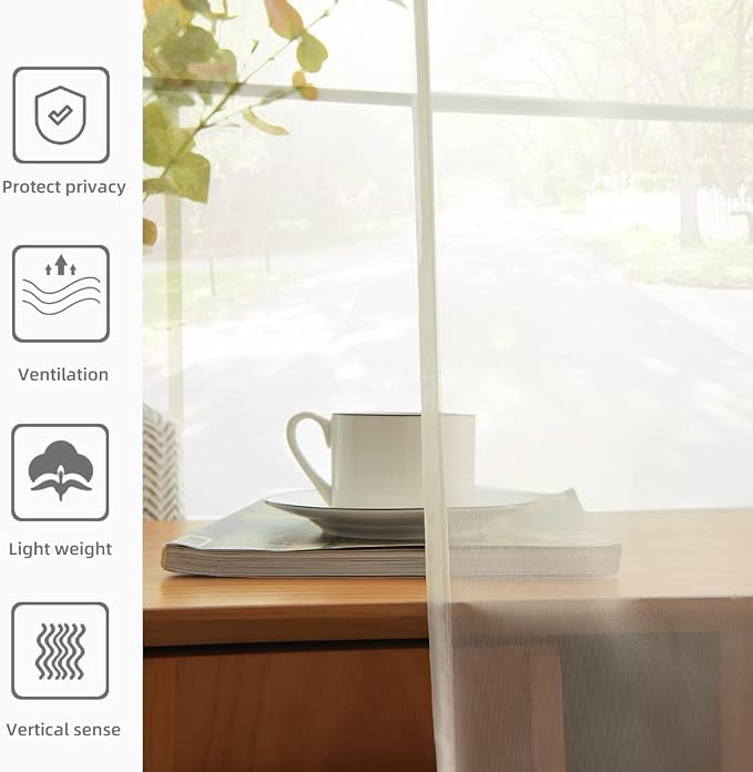 youleyar Solid Sheer Rod Pocket Curtain Voile Draperies 2 Panels White Beige - Image 7