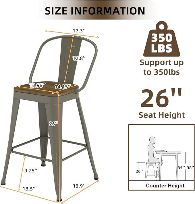 Metal Bar Stools Set of 4, High Back Bar Stools with Wooden Seat, 26 inch Rusty Barstools for Kitchen Island