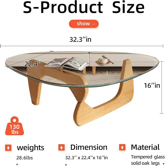Mid Century Modern Glass Coffee Table, Small Coffee Table for Living Room, Elegant and Functional Coffee Tables, Suitable for Bedroom Living Room Reception Office Tables（Wood/Transparent，Small）
