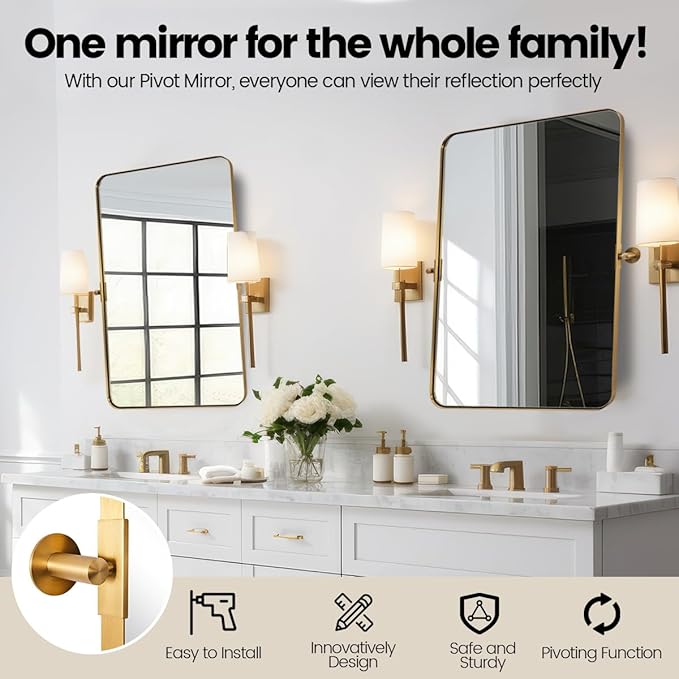 MOON MIRROR Brushed Gold Rectangle Pivot Mirror for Bathroom, Brass Pivoting Vanity，Overall 24.33 x 30 in (Mirror 20x 30 in)