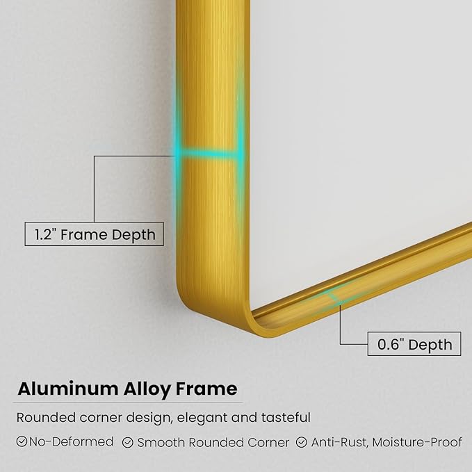 Gold Bathroom Mirror, 48x36 Inch Brushed Gold Metal Frame Mirror for Wall, Rounded Rectangle Bathroom Vanity Mirror, Tempered Glass, Anti-Rust, Horizontal/Vertical
