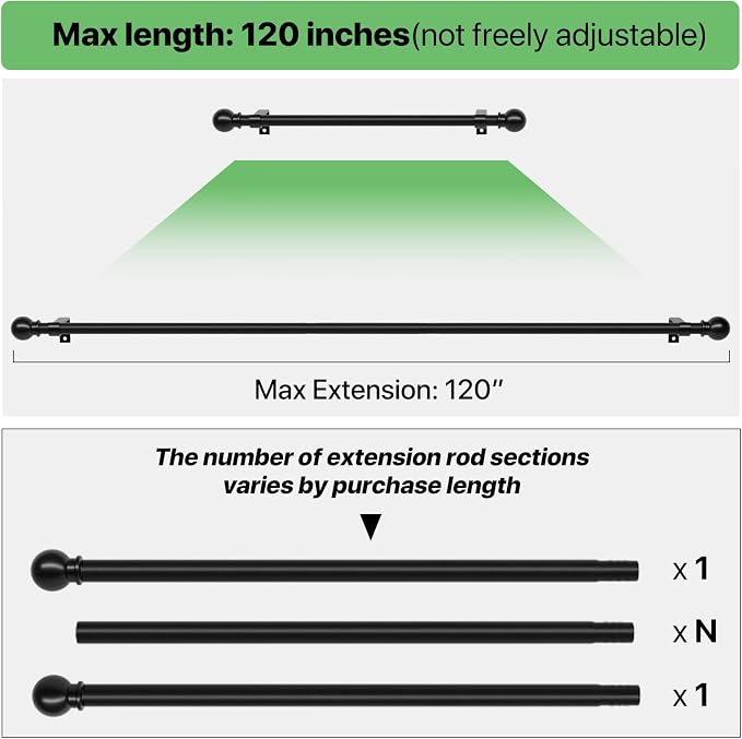 Curtain Rods for Windows 66 to 120 inch, 2 Pack Black Long Curtain Rod - Image 4