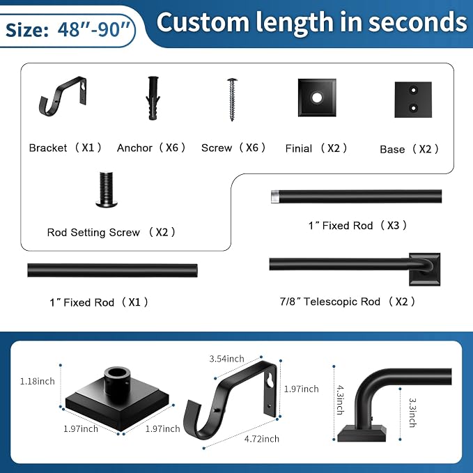 Black Curtain Rods for Windows 48-90Inch Heavy Duty Wrap Around Blackout - Image 8