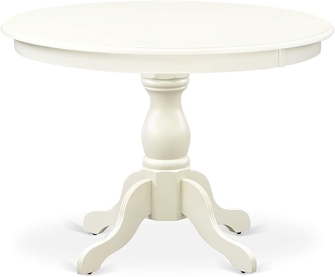 East West Furniture HBIP5-LWH-W 5 Piece Dining Room Table Set Includes a Round Dining Table with Pedestal and 4 Wood Seat Chairs, 42x42 Inch, Linen White