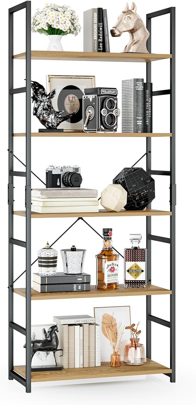 OTK 5 Tier Bookshelf, Tall Bookcase, Office Shelf Storage Organizer, Modern Book Shelf for Living Room, Bedroom, and Home Office, Natural