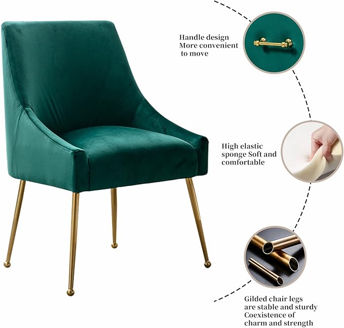 Modern Velvet Dining Chairs Set of 4, Contemporary Upholstered Furniture Collection with Polished Gold Metal Legs, Elegant Accent Chairs for Kitchen Living Room(Green)