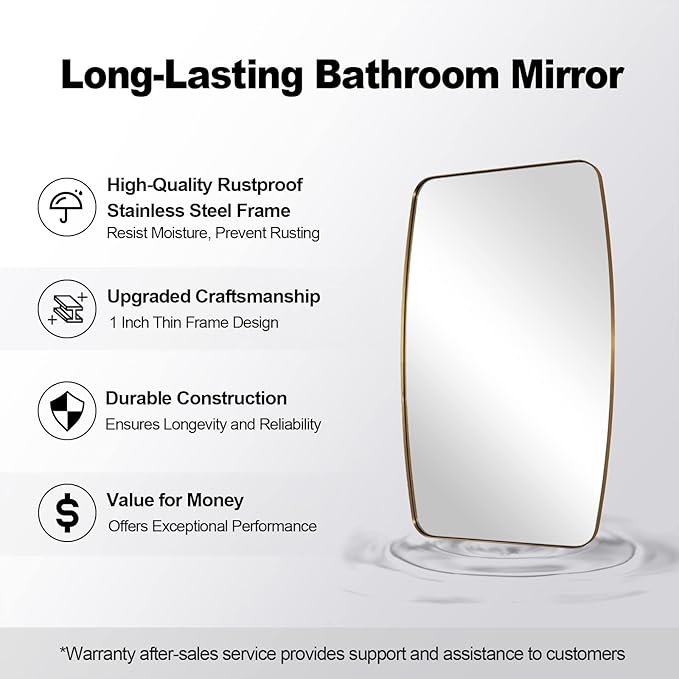 ANDY STAR 30x40” Gold Bathroom Mirror, Oblong Brass Mirror with Stainless Steel Metal Frame, Brushed Gold Oval Vanity Mirror for Over Sink, Modern Anti Rust Wall Mounted