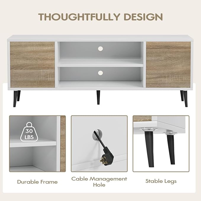 YESHOMY Modern TV Stand for 65" Television, Entertainment Center with Two Storage Cabinets, Retro Style Media Console for Living Room, Bedroom, Office, 58 Inch, Light Brown