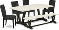East West Furniture V627DR124-6 6 Piece Dinette Set Contains a Rectangle Dining Table with V-Legs and 4 Black Color Linen Fabric Parson Chairs with a Bench, 40x72 Inch, Multi-Color