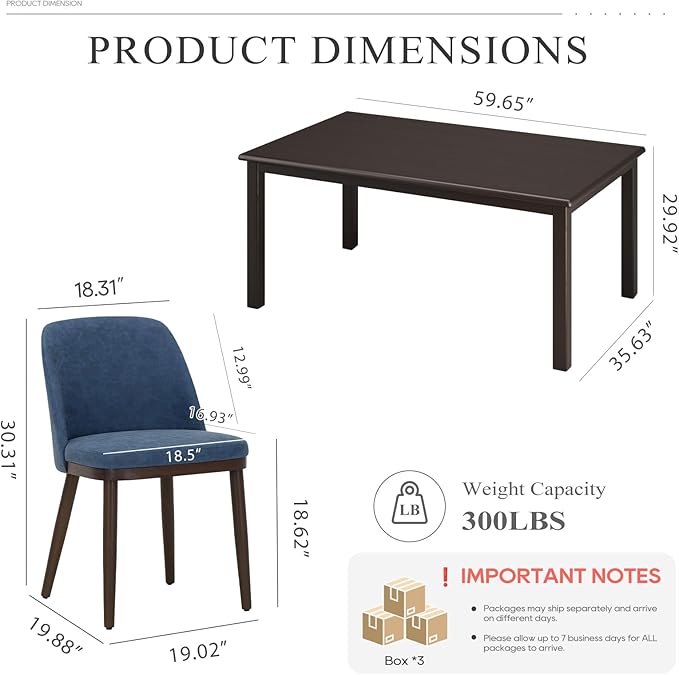 COLAMY 60 Inch Rectangular Kitchen Dining Table for 4, Modern Farmhouse Dining Table Set for 4, Wood Dining Table and Upholstered Dining Chairs for Kitchen, Dining Room, Restaurant, Brown/Blue
