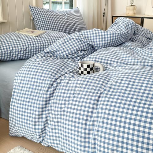 LifeTB Blue Gingham Comforter Set King 3 Pieces Modern Plaid Checkered Pattern - Image 4