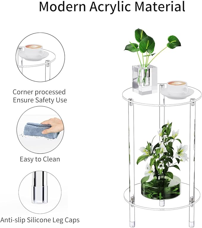 Clear Round Acrylic Side Table Set of 2 for Small Spaces, 11.81" L x 11.81" W x 19.82" H, 2 Tier Small Modern Drink End Table Nightstand, Mini Bedside Table for Living Room, Bedroom, Bathroom