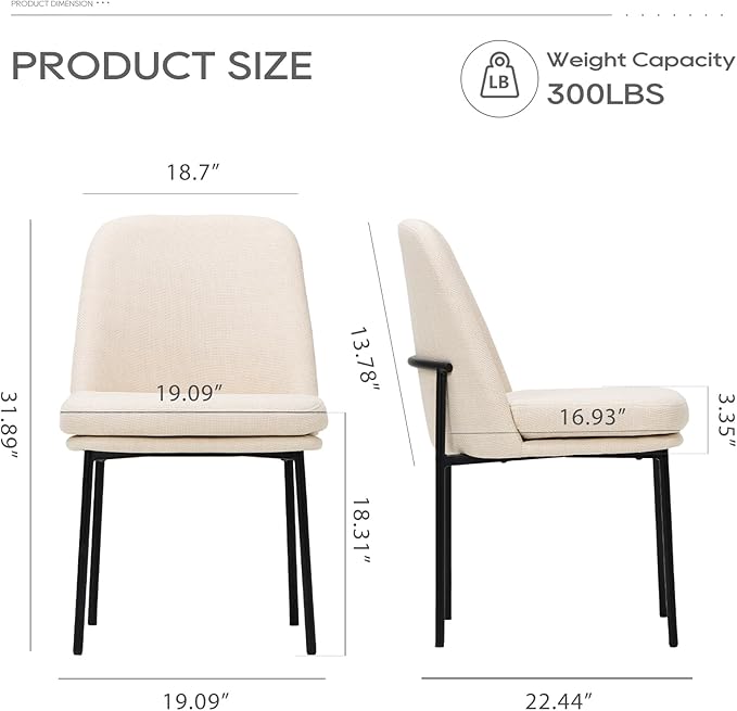 COLAMY Modern Dining Chairs Set of 2, Fabric Upholstered Dining Room Chairs Dinner Chair Stylish Kitchen Chairs with Curved Back and Metal Legs, Beige