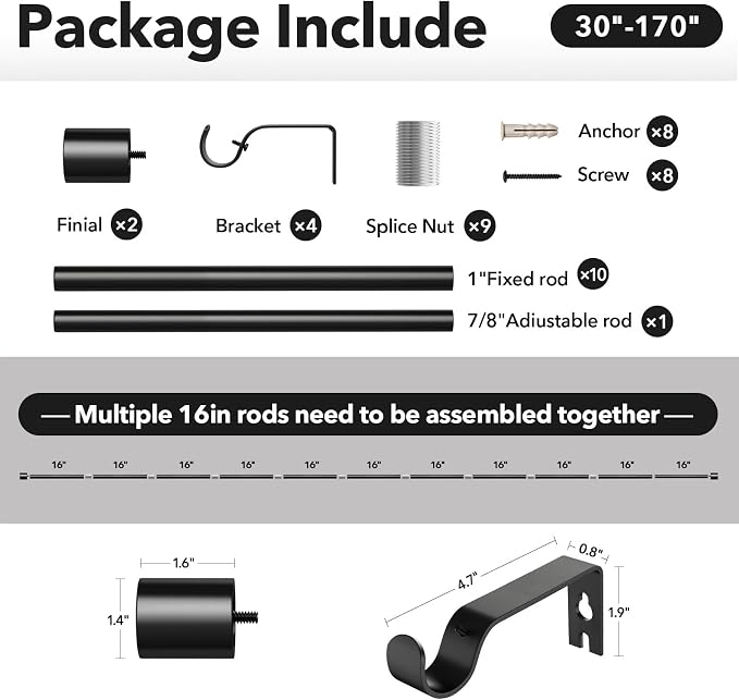 Extra Long Curtain Rods for Windows 32 to 170 Inch, 1 Inch Black Heavy Duty - Image 7