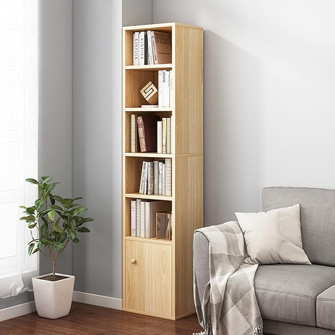IOTXY Small Narrow Corner Bookcase - 59 Inches Tall Gap Freestanding Storage Cabinet, 6 Lattices Open Shelves Tower Rack with Door, Cubes Bookshelf in Oak
