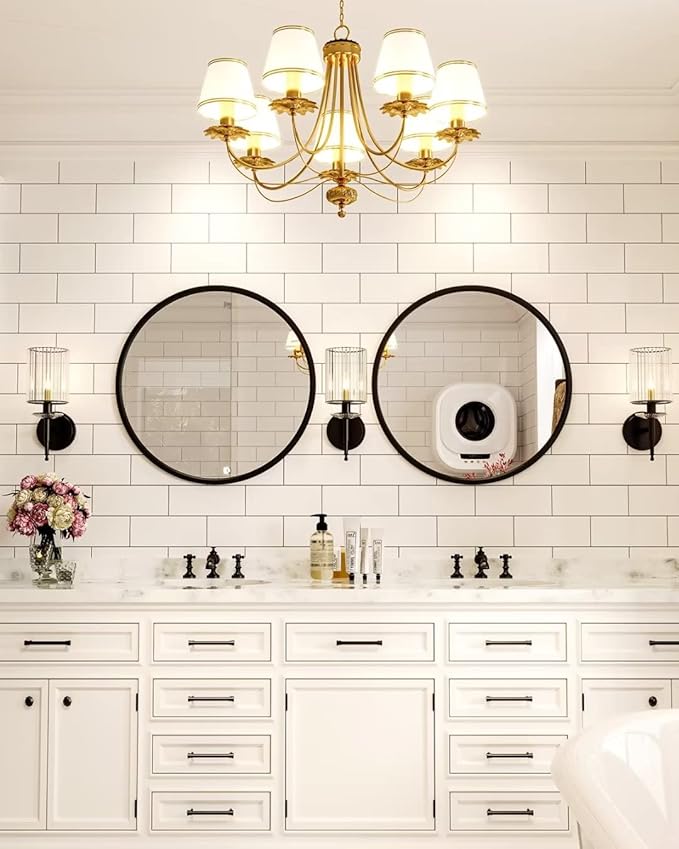 Growsun 28'' Black Round Mirror for Bathroom, Circle Bathroom Mirror for Wall, Entryway Living Room with Metal Frame for Home Decor, 2 Pack