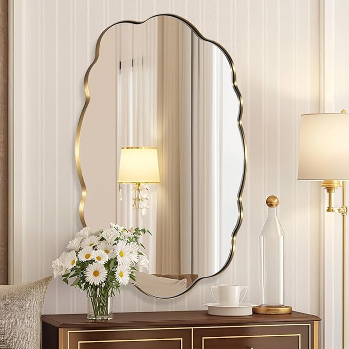 ANDY STAR Oval Bathroom Mirror, 30x40 Inch Scalloped Wall Mirror, Modern Brushed Gold Wavy Mirror, Anti-Rust Brass Metal Mirror for Bathroom Hang Vertical or Horizontal