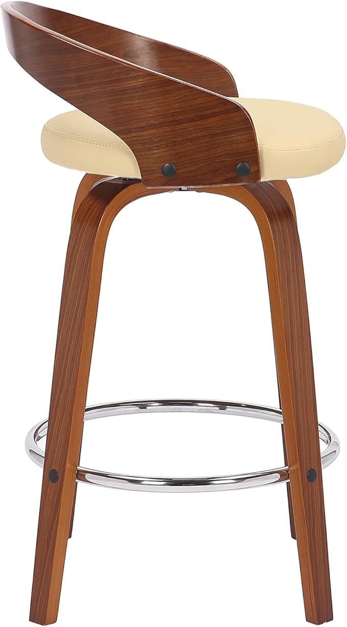 Armen Living Sonia 26" Counter Height Swivel Cream Faux Leather and Walnut Wood Bar Stool - Set of 2