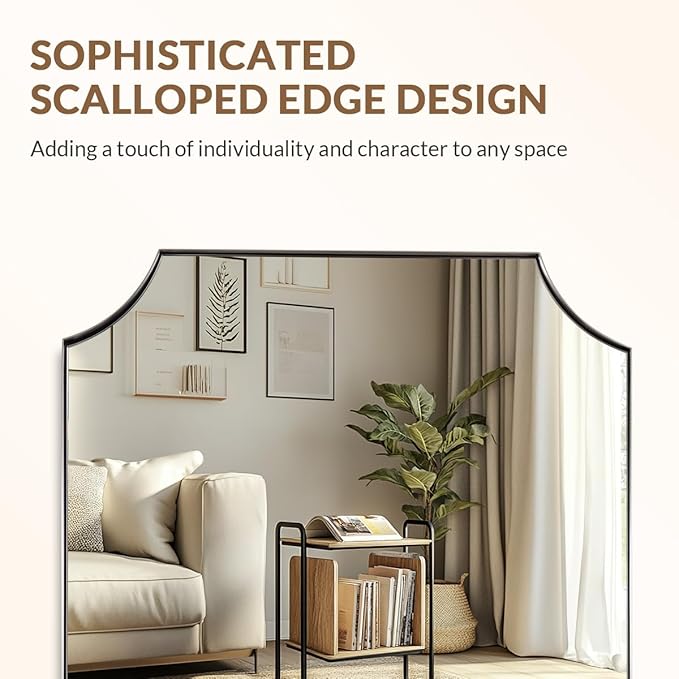 ANDY STAR Brushed Nickel Mirror 30x48 Inch, Large Scalloped Bathroom Mirror, Anti-Rust Stainless Steel Metal Thin Frame Deep 1’’, Unique Rectangle Mirror Hangs Vertically or Horizontally