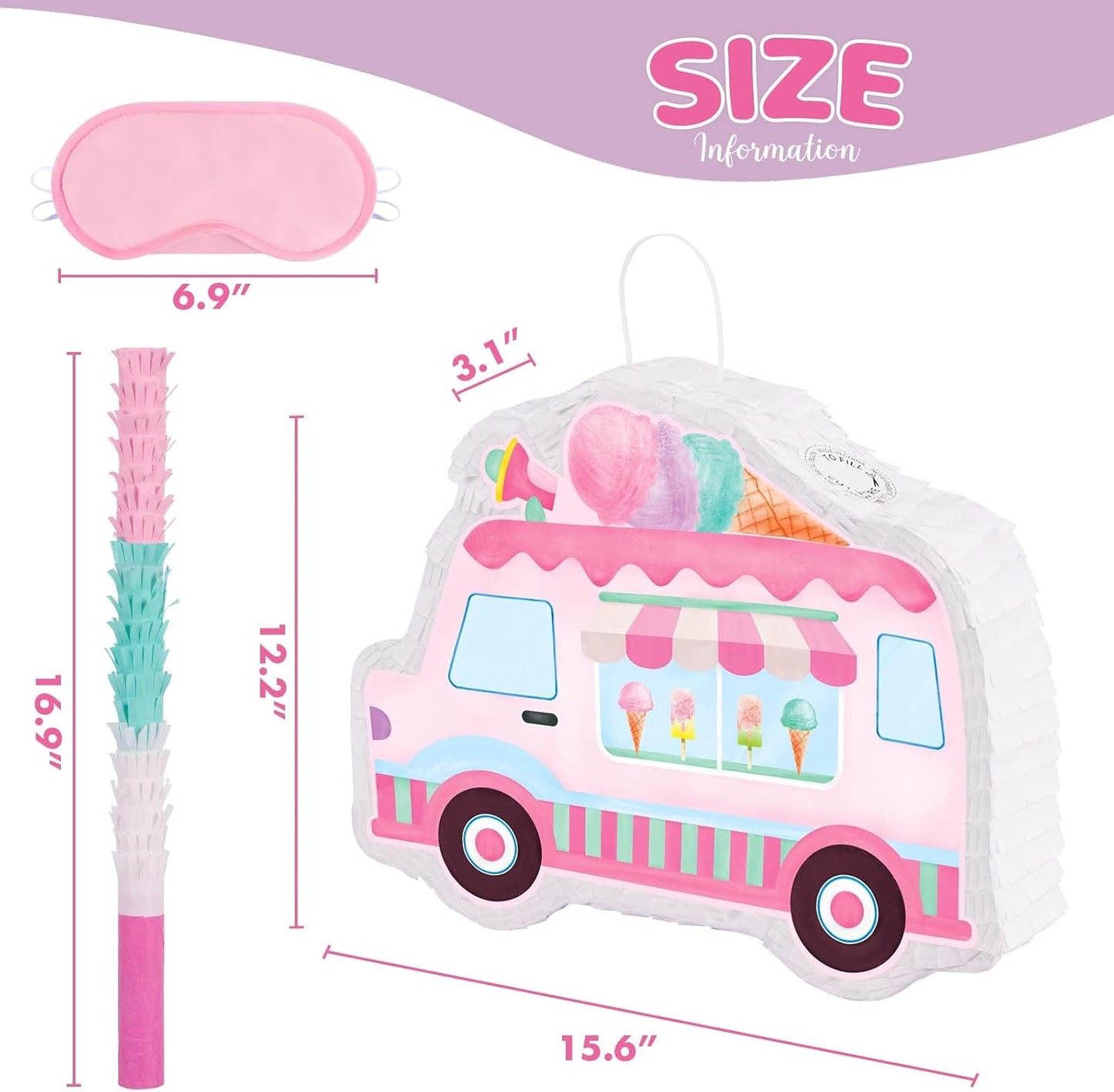 WERNNSAI Ice Cream Piñata -15.7'' x 12.2'' Ice Cream Truck Piñata with Stick and Blindfold Birthday Game for Kids Girls Summer Candy Theme Party Baby Shower School Activities Dessert Party Decorations
