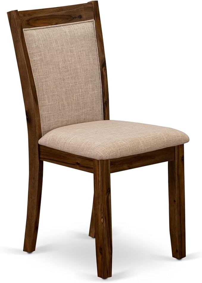 F3MZ5-50N-04 5-Pc Dining Room Set consists of a Pedestal Kitchen Table and 4 Light Tan Polyester Chairs with Padded Back - Antique Walnut