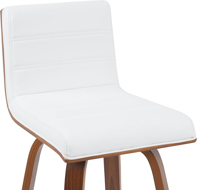 Armen Living Vienna Modern Swivel 30" Bar Height Barstool with White Faux Leather and Walnut Wood Finish