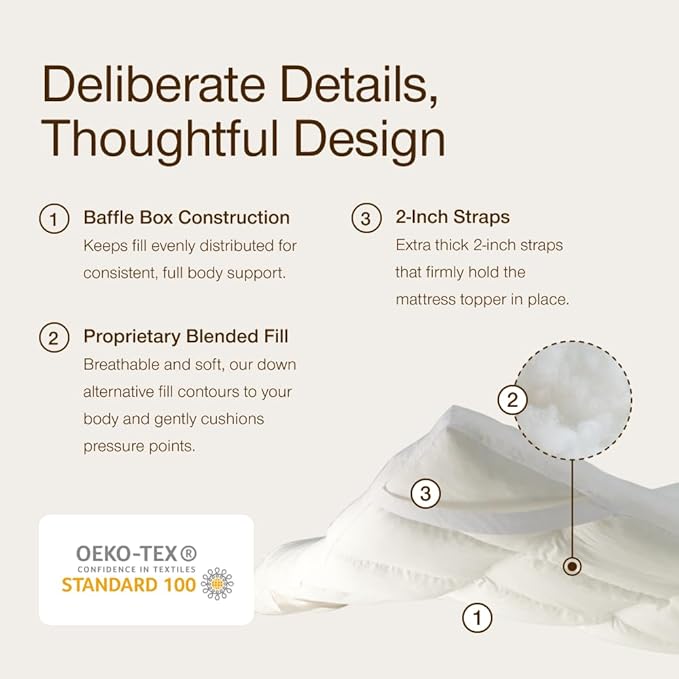Coop Home Goods Essence Down Alternative Mattress Topper Twin, Plush 2-Inch Gusset and Baffle Box Design for Even Support and Comfort, Premium Bed Topper for Pressure Relief, Oeko-TEX Certified