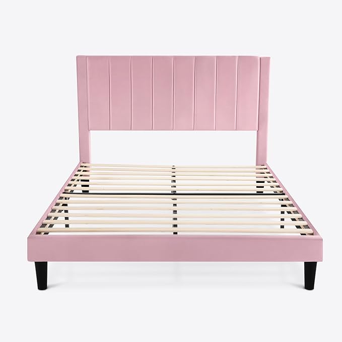 SHA CERLIN Full Bed Frame/Velvet Upholstered Platform Bed Frame with Headboard/Strong Wood Slats Support/Mattress Foundation/No Box Spring Needed - Pink