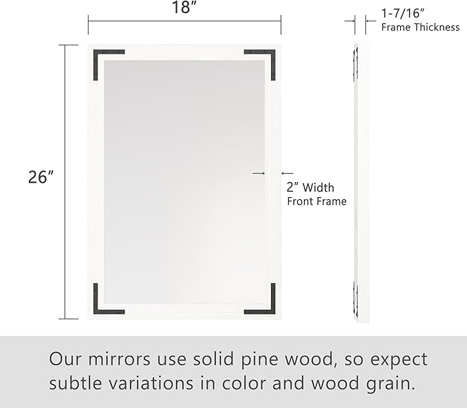 VocalStar White Wood Framed Mirror 18 x 26 Inch, Rustic Natural White Wooden Rectangle Bathroom Vanity Wall Mirror for Farmhouse Boho Decor, 1/4-inch Shatterproof Glass | Waterproof