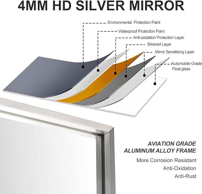 24x30 Inch Silver Bathroom Mirror - Copper-Free Mirror, Aluminum Alloy Frame Vanity Rectangle Wall Mounted Modern Mirror for Bedroom/Living Room/Porch Horizontal or Vertical