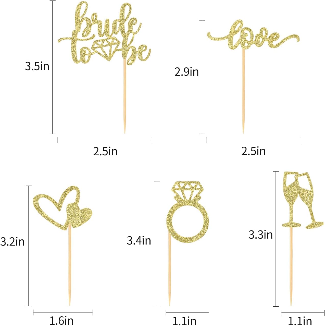 35 PCS Glitter Diamond Ring Bride to be Love Cupcake Topper Champagne Cake Picks Decorations for Bridal Shower Wedding Engagement Party Supplies, Gold