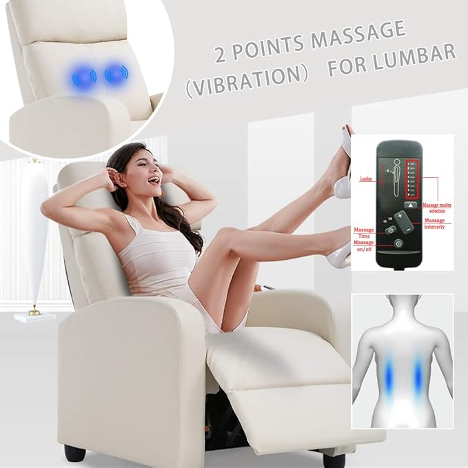 BestMassage | Recliner Chair | with 2 Point Massage Function | Pu Beige | with Lumbar Support, Adjustable Push Back, Footrest & Padded Seat | Easy Assembly | for Living Room, Home Theatre