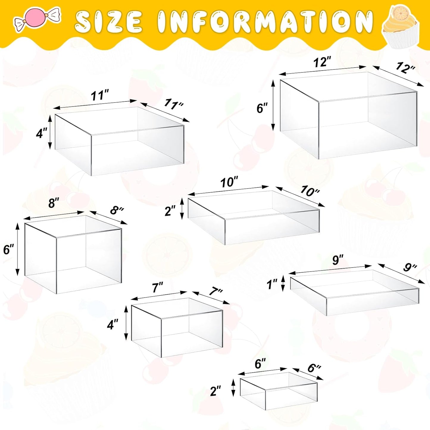 Leinuosen 7 Pcs Large Buffet Risers Set 6" to 12" Acrylic Display Box Catering Dessert Table Riser Food Display Decorative Stand with Hollow Bottom for Catering Supplies(Clear, Square)