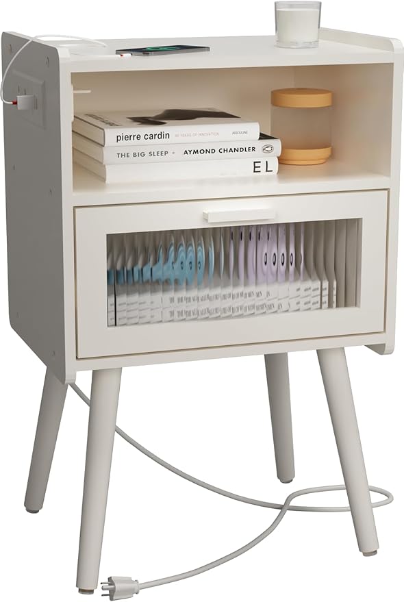 Mid Century Modern Nightstand with Charging Station, Bedside Tables with Glass Drawer, End Table Side Table with 2 Tiers Storage Space, for Bedroom, Living Room, White