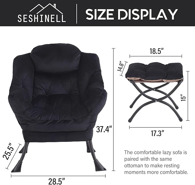 Lazy Chair with Ottoman, Modern Accent Chair Contemporary Lounge Leisure Sofa Chair with Armrests, Reading Chair and Folding Footstool Set for Living Room, Bedroom, Office, Velvet Black