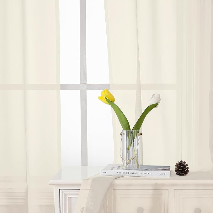 Lecloud Cream Sheer Curtains 54 Inch Length 2 Panels, Voile Airy Curtains - Image 8