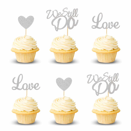 24Pcs We Still Do Cupcake Toppers Glitter Love Heart Marriage Anniversary Cupcake Picks Bridal Shower Wedding Engagement Birthday Cake Decorations Supplies - Silver Glitter